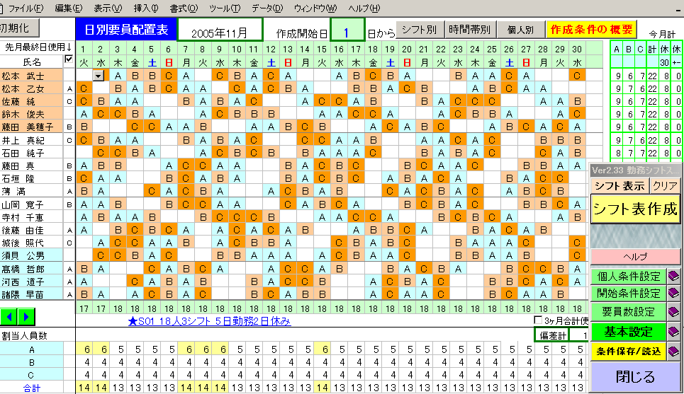 100勤務シフト表の自動作成