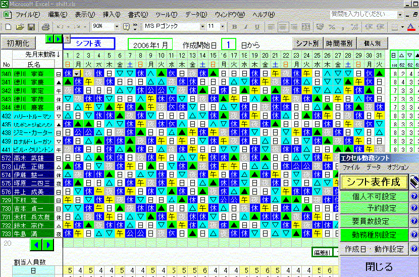 エクセル勤務シフト