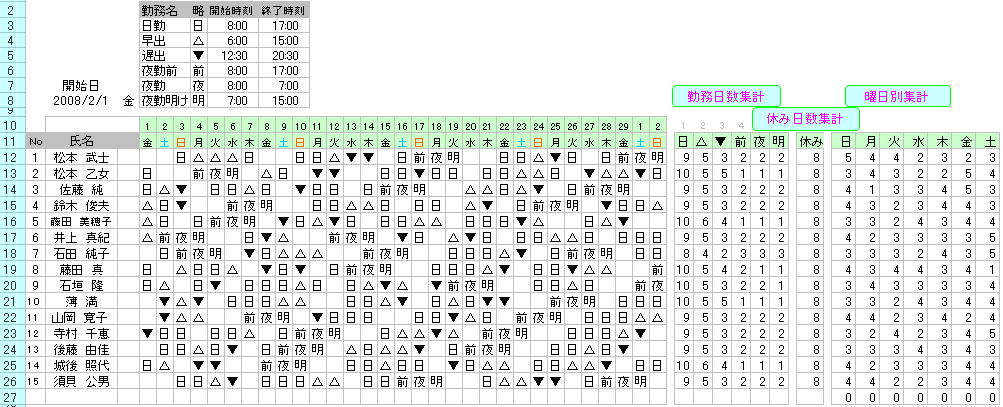 勤務シフト自動作成 テンプレート